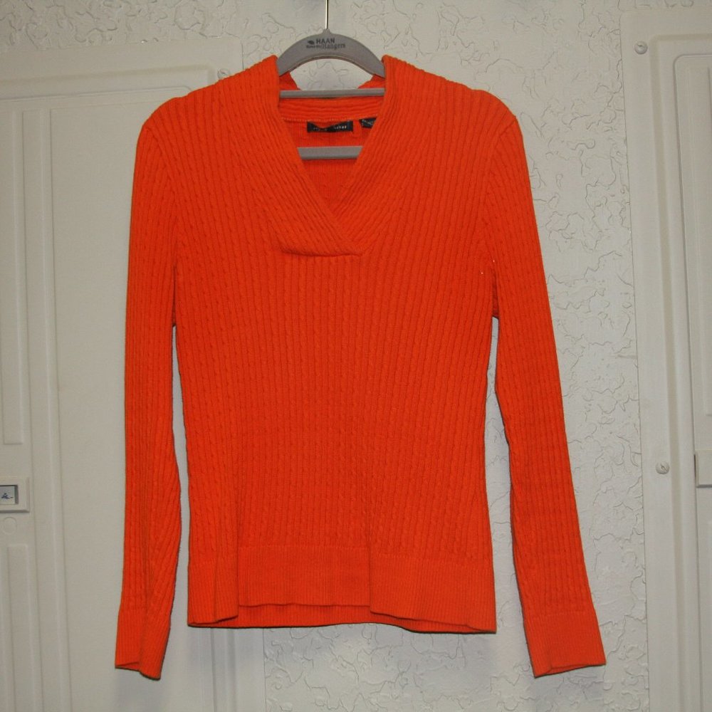Orange cable knit sweater with V-neck